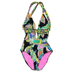 Trina Turk Sea Garden Black Multi Floral One-Piece Swimsuit Size 6
